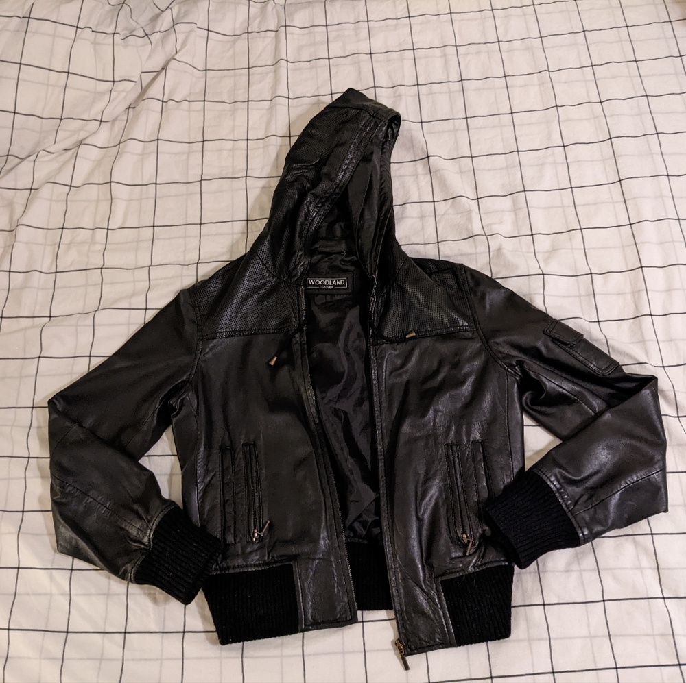 Real Leather Bomber Jacket with Hood